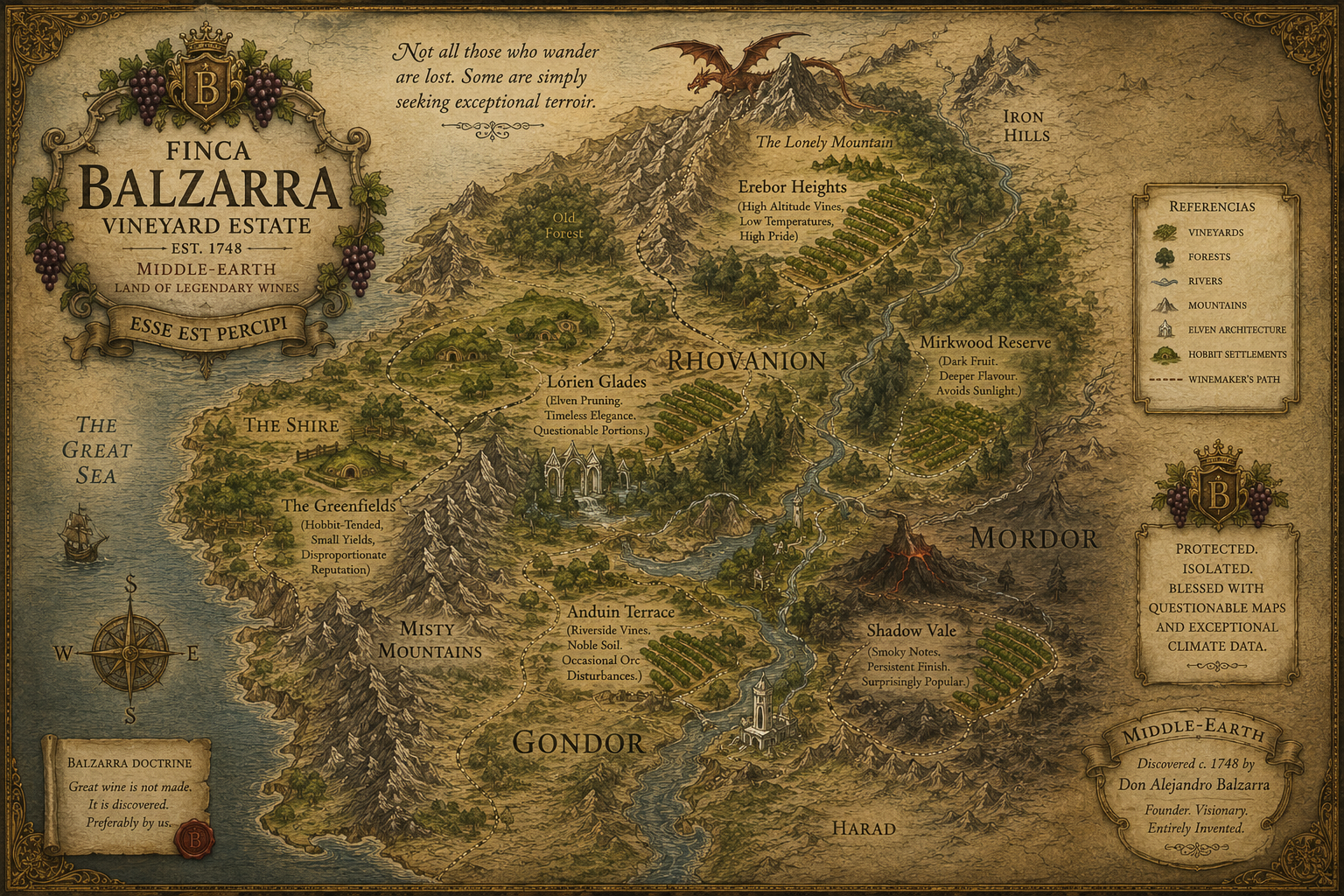 Antique map showing the fictional Finca Balzarra vineyards located throughout Middle-earth